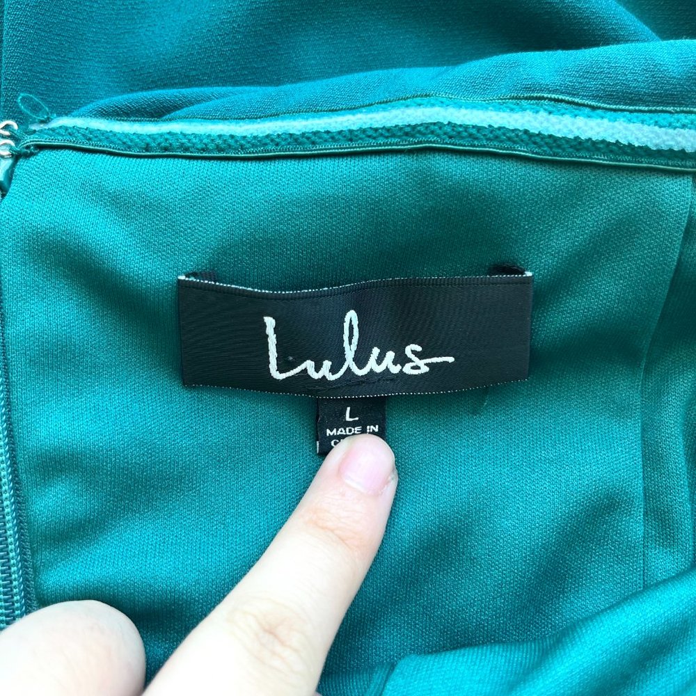 Lulu's Lots of Love Emerald Green Strapless Midi Dress Wedding Guest Dress, Sz L - Picture 5 of 5
